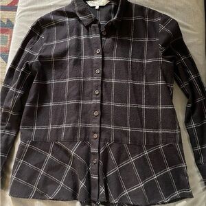 People Tree Women’s 8 Black Plaid Organic Cotton Button Up Shirt Ruffle Hem